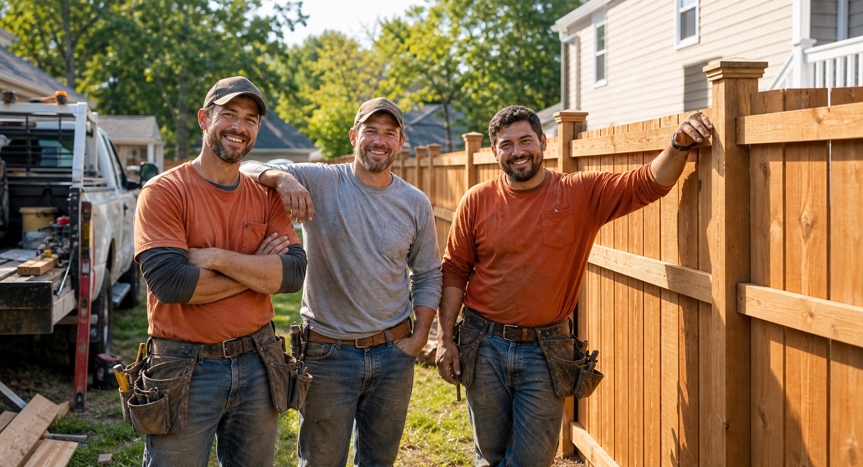 Friendly contractor crew beside a cedar fence at a backyard worksite.