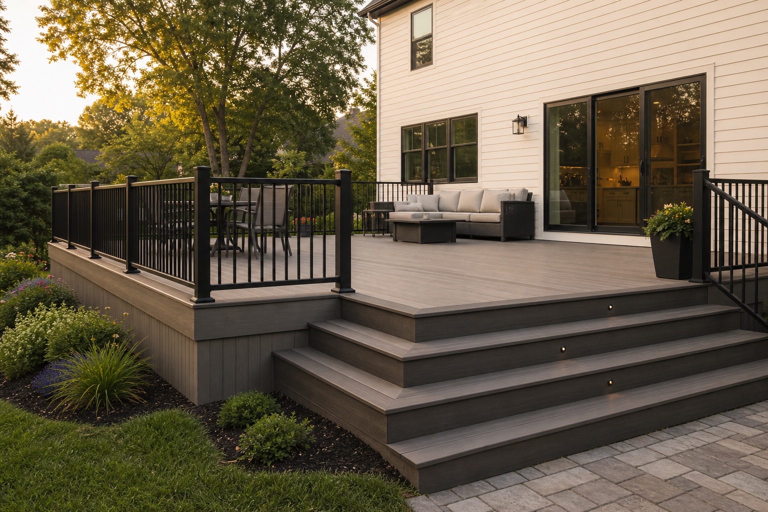 Finished backyard deck with railing.