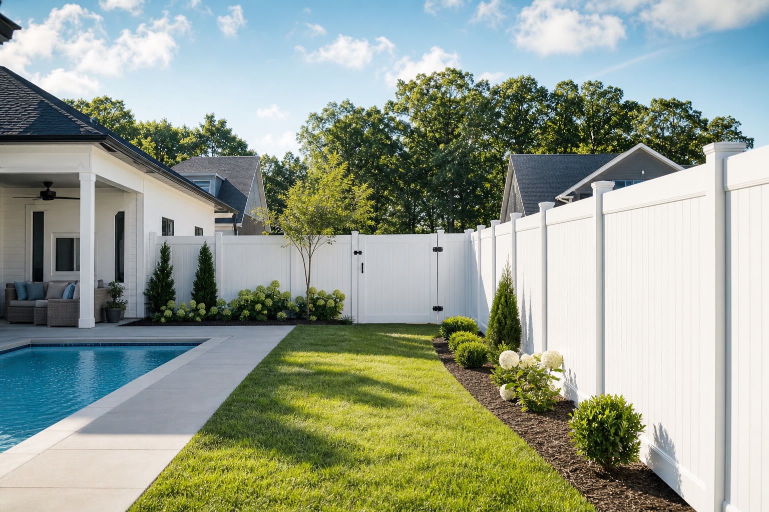 White vinyl privacy fence around a suburban pool yard.