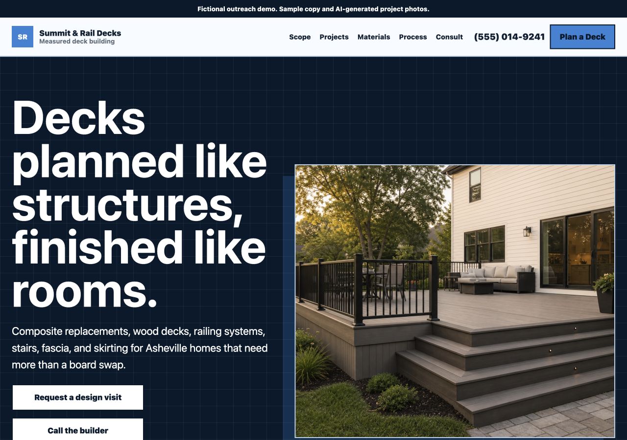 Screenshot of a premium deck builder sample site.