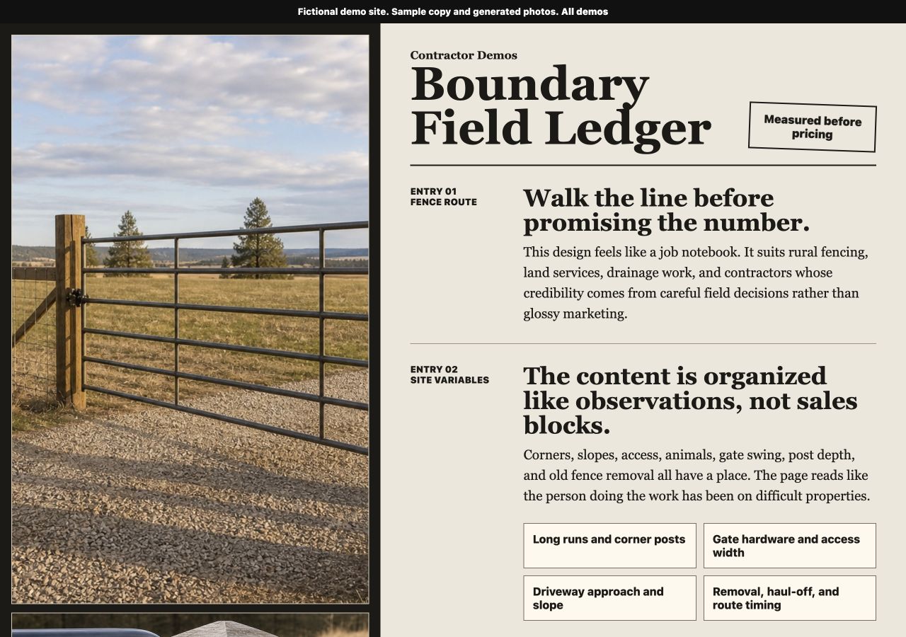 Screenshot of a field-ledger style contractor sample site.