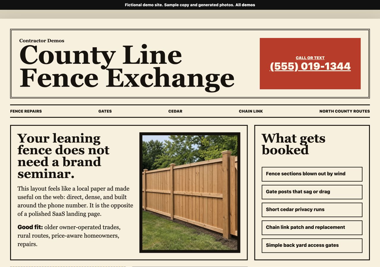 Screenshot of a classified-style fence company sample site.