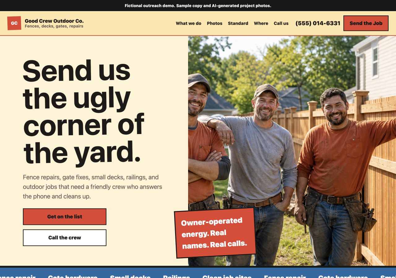 Screenshot of a crew-forward contractor sample site.