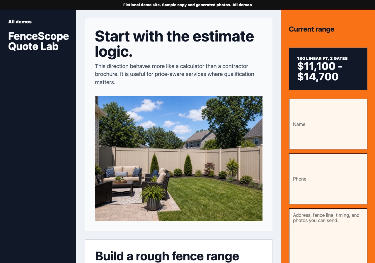 Screenshot of a quote calculator contractor sample site.