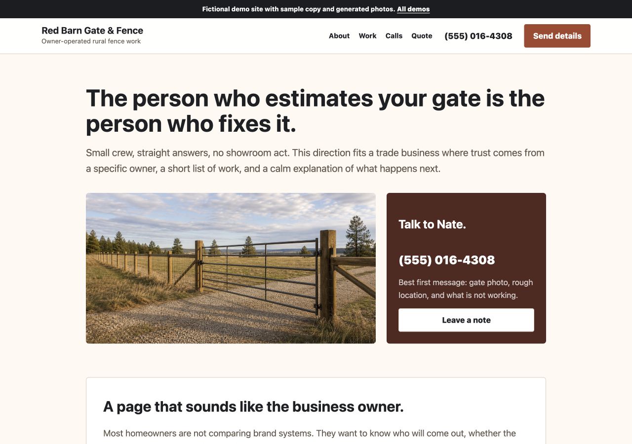 Screenshot of an owner-operated contractor sample site.