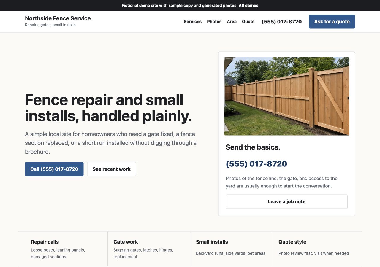 Screenshot of a simple local service business website example.
