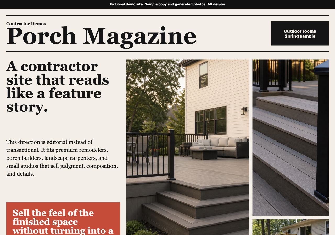 Screenshot of an editorial outdoor project sample site.