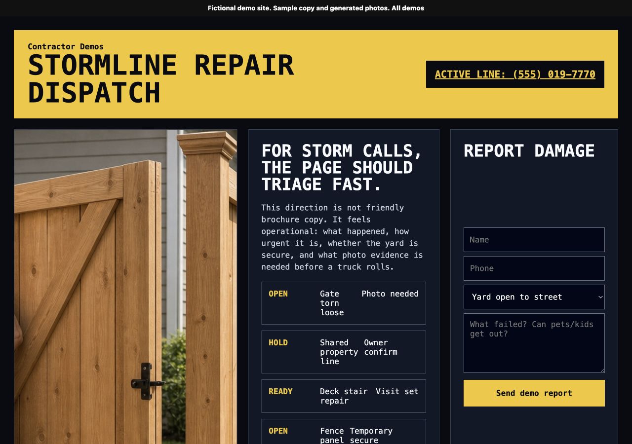 Screenshot of an emergency dispatch board contractor sample site.