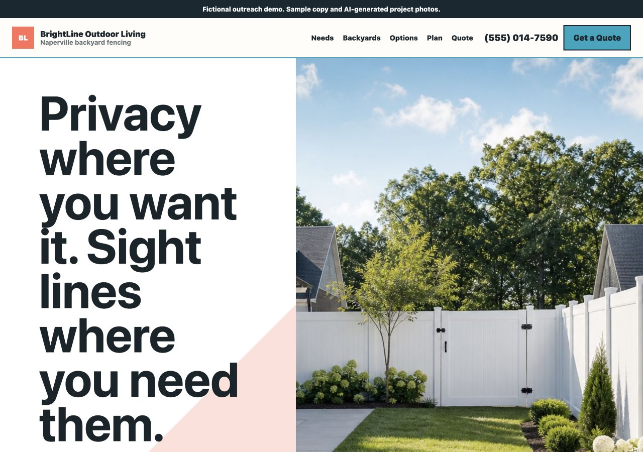 Screenshot of a clean suburban fence and outdoor work sample site.