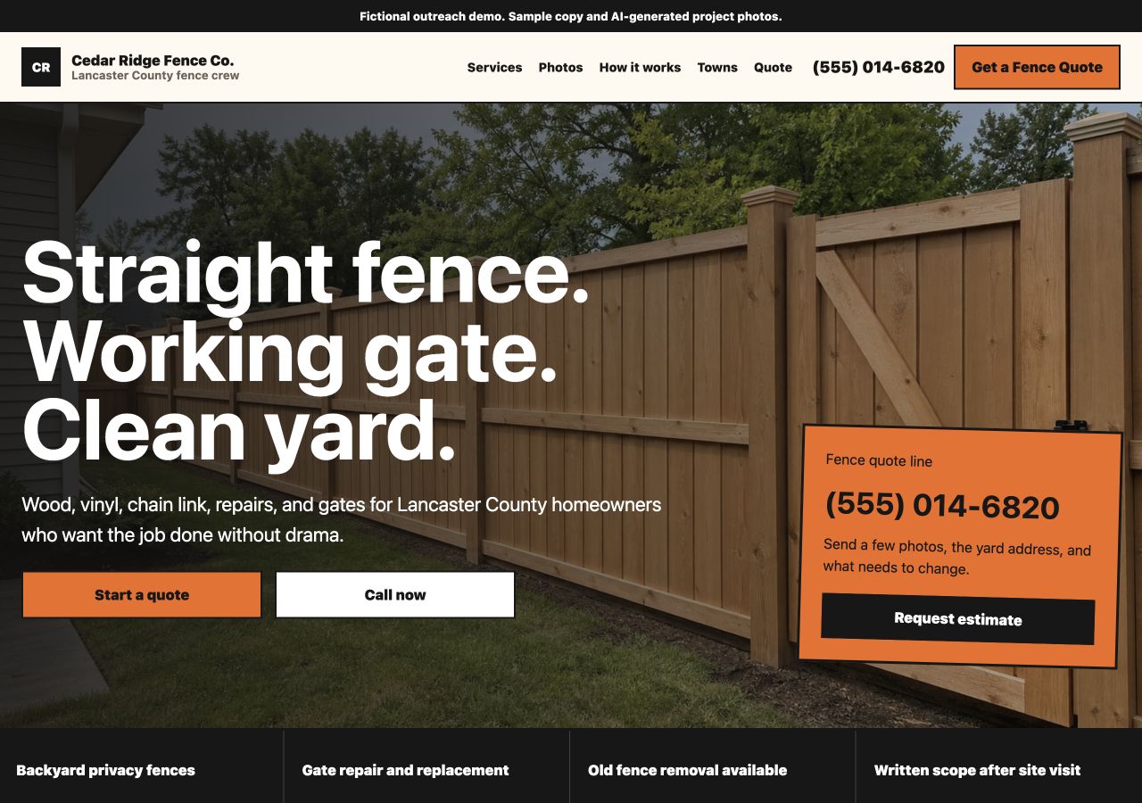 Screenshot of a direct local fence company sample site.